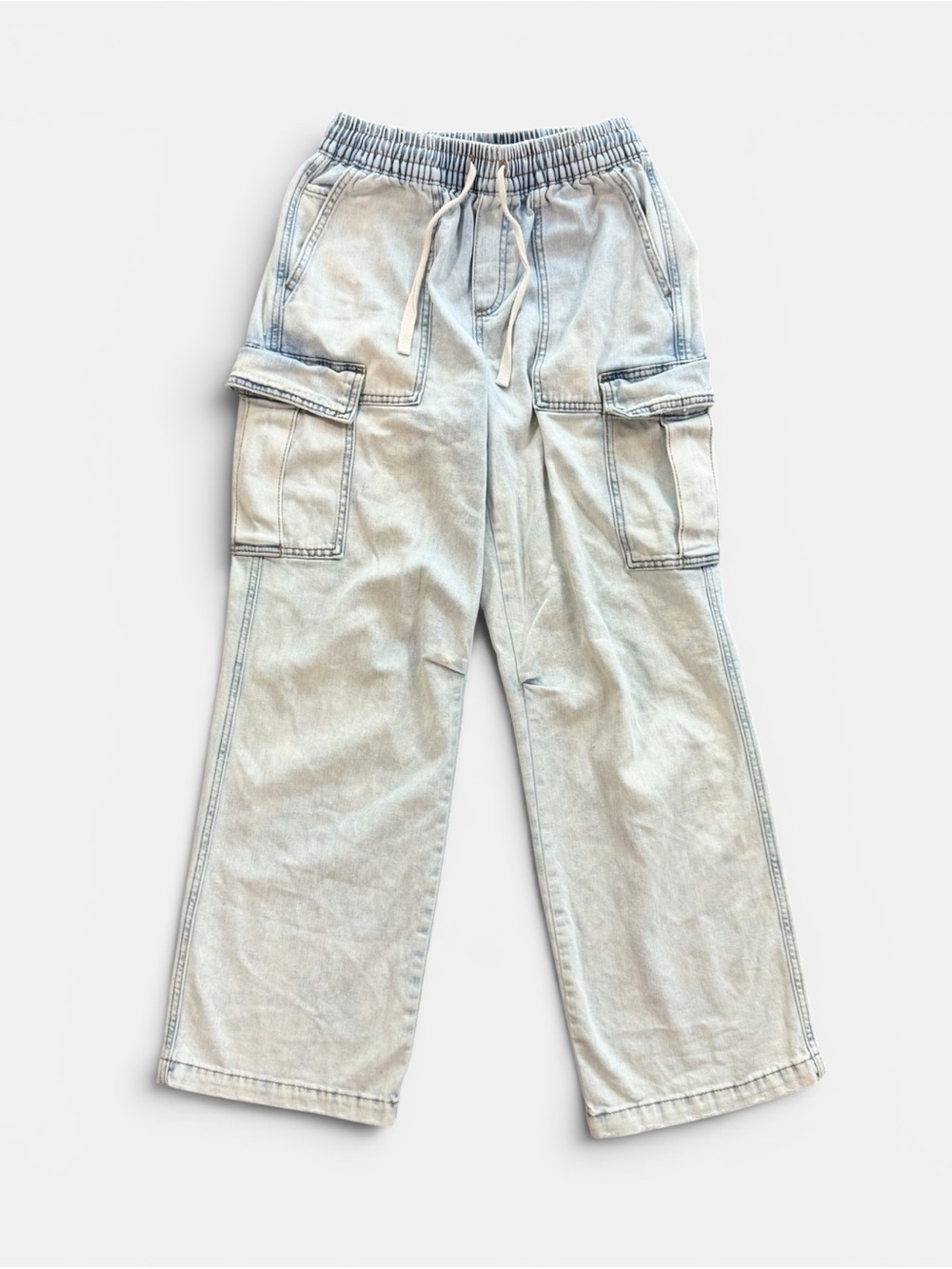 Aerie Light Wash Cargo Jeans Pull On Wide Leg Drawstring XS